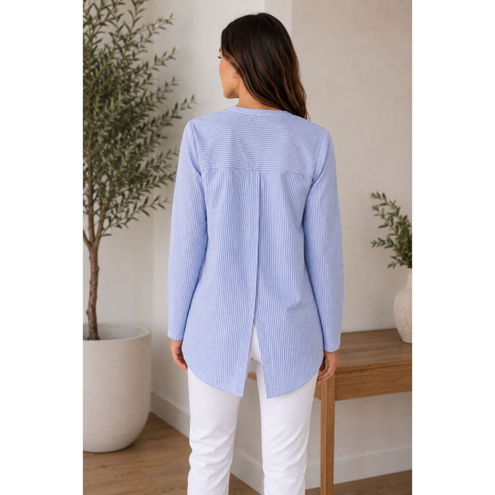 Theory Ofeliah Tunic Top Blue White Stripe Cotton Pullover Blouse Size S - Picture 2 of 6